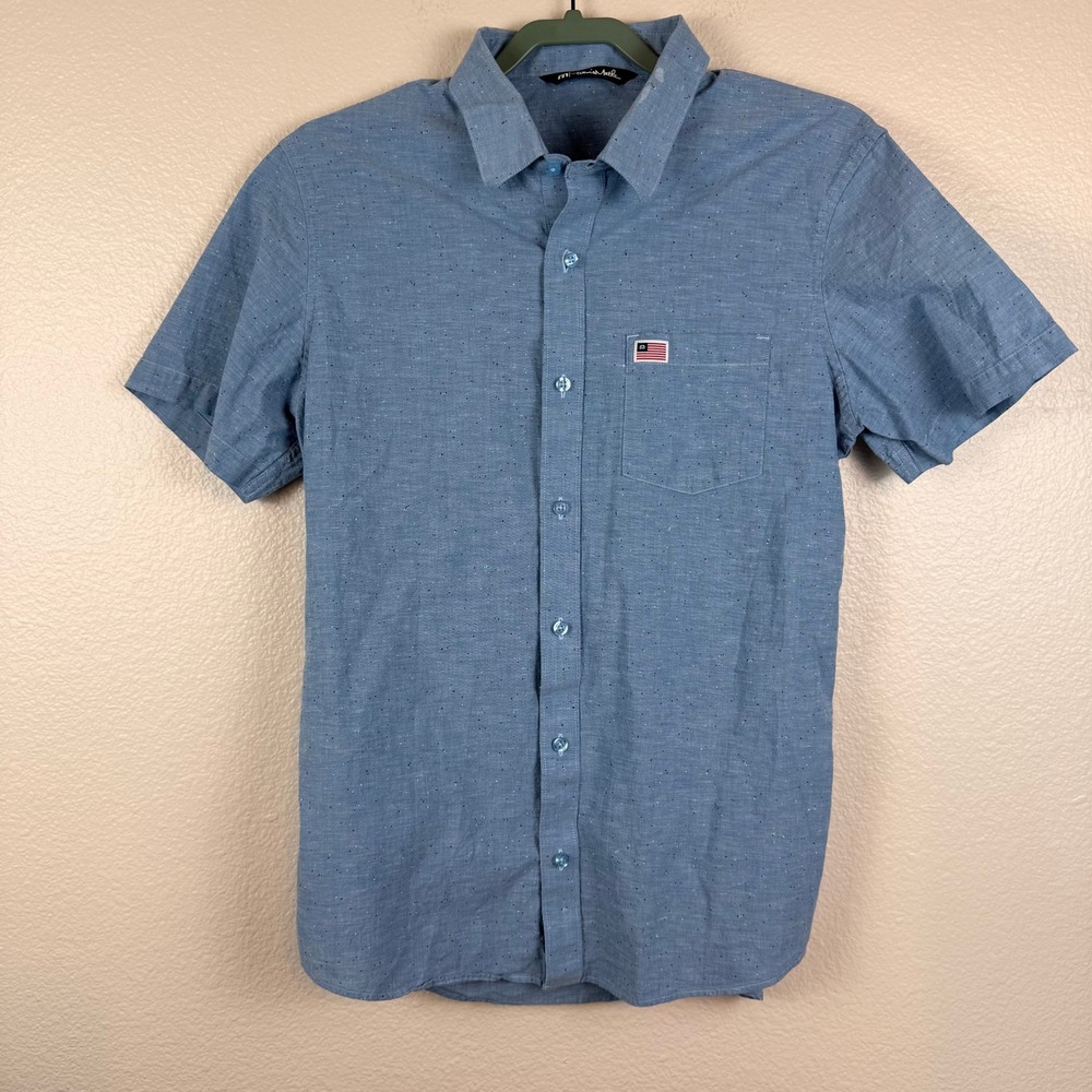 TravisMathew Button Down Mens M Blue Fleck Short Sleeve Excellent Flag Patch